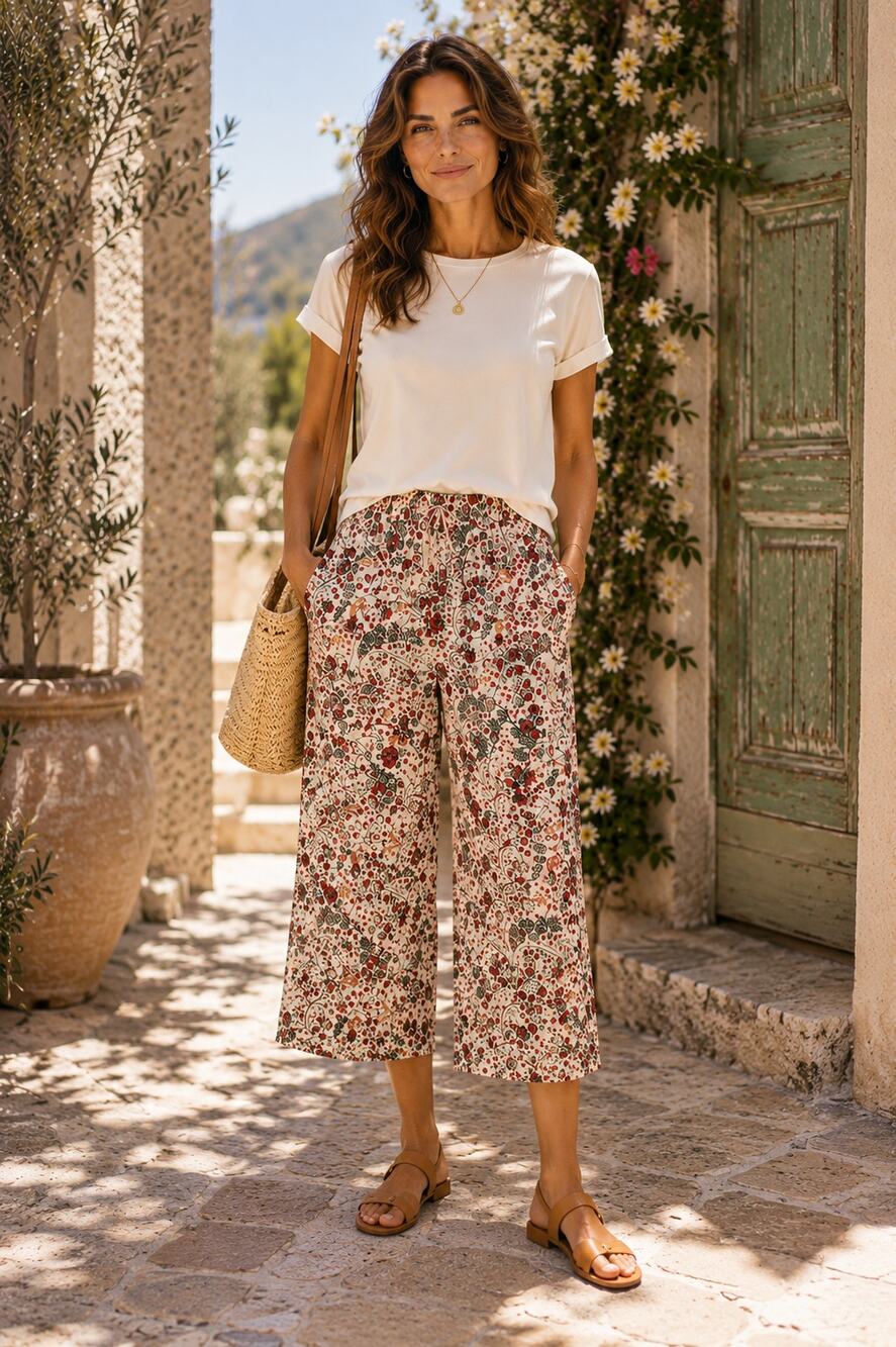 Paco Rabanne Botanical Floral Wide Leg Crop Pants Cream Print Women's S